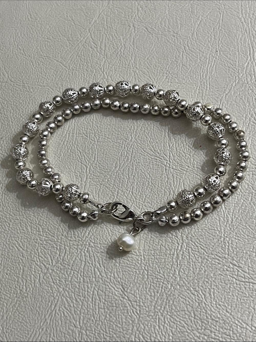 Silver-tone Beaded Double-Strand Bracelet with Pearl Drop